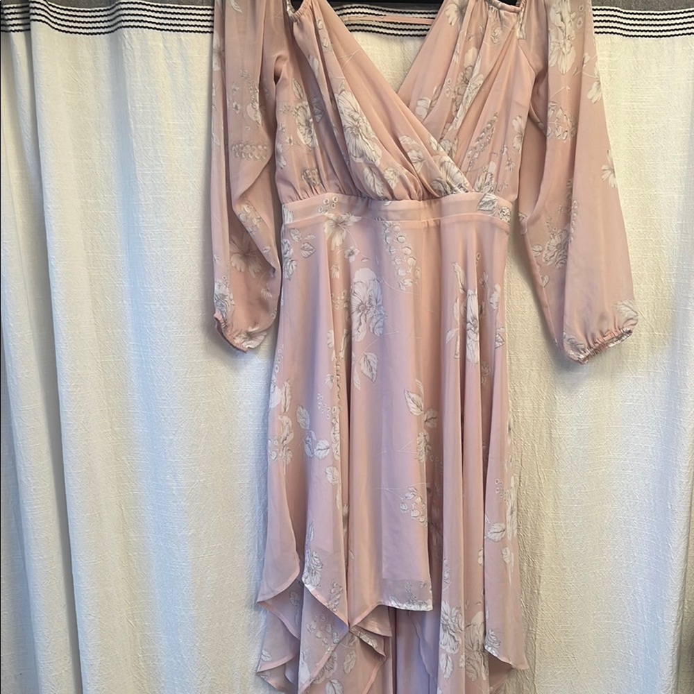 Express Pink Asymmetrical Wrap Dress with Bishop Sleeves